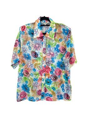 Vtg Floral Semi Sheer Button Up‎ Shirt Boho Art To Wear Resort Indie 90s XLarge